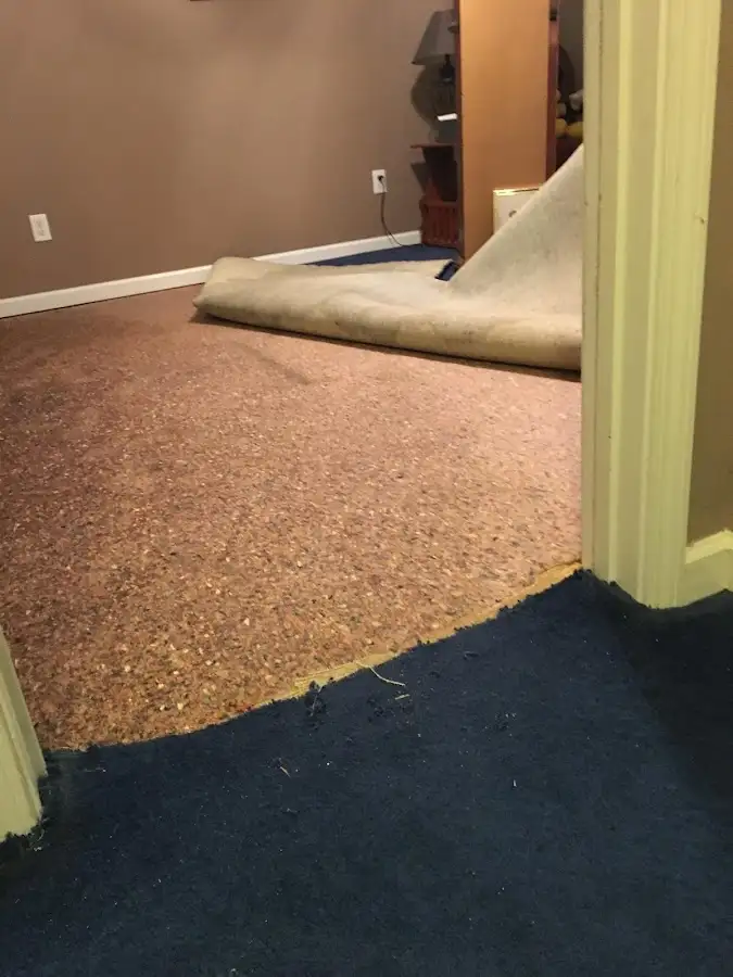 Carpet pad removal revealing water damage during Drying & Dehumidification in Natchez
